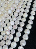 12MM Freshwater Pearl Smooth Coin AAA Quality -Natural Pearl Coin shape , length 16" - Very Fine Quality- White Color Coins