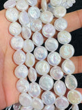 12MM Freshwater Pearl Smooth Coin AAA Quality -Natural Pearl Coin shape , length 16" - Very Fine Quality- White Color Coins