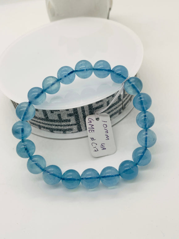 Aquamarine Round Bracelet • 10 mm Size • Code C17 • 4A Quality • 7.5 Inch Length • Stretch Bracelet • Natural Aquamarine Bracelet