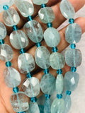 Blue Aquamarine Flat Faceted Nuggets - Size 10-11 X14-16MM , Length of strand 16" . blue Aquamarine tumble, origin Brazil