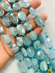 Blue Aquamarine Flat Faceted Nuggets - Size 10-11 X14-16MM , Length of strand 16" . blue Aquamarine tumble, origin Brazil