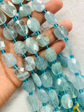 Blue Aquamarine Flat Faceted Nuggets - Size 10X12 MM , Length of strand 16" . blue Aquamarine tumble, origin Brazil