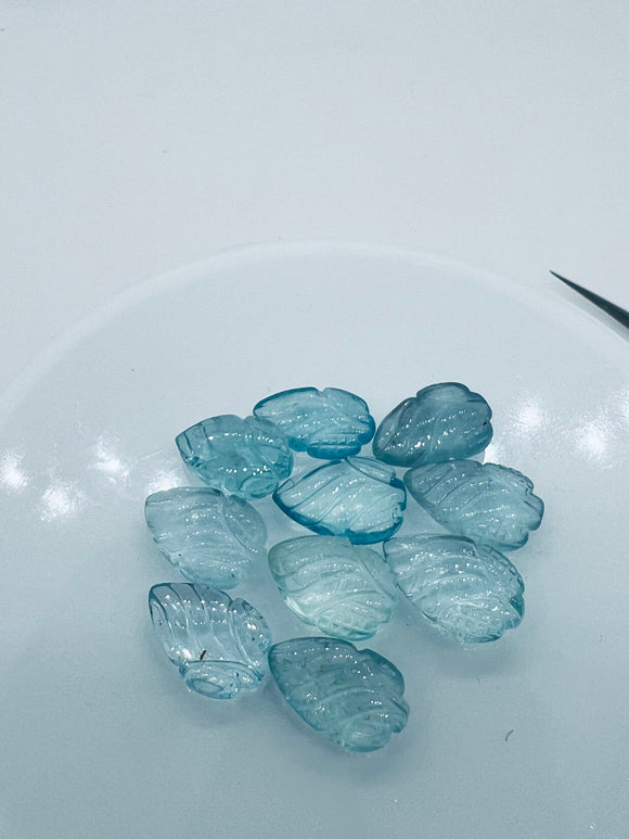 Aquamarine  Carving Leaf Shape •  10-11X 15-17 MM Sizes AAA Quality • Natural Aquamarine • Medium Blue Aquamarine  Carving pear