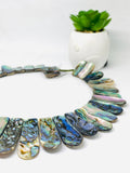 Abalone Shell Necklace - Long Strip  Hand Braided Beads Pendant Necklace- Large Size Graduated Trapezoid Beads Necklace