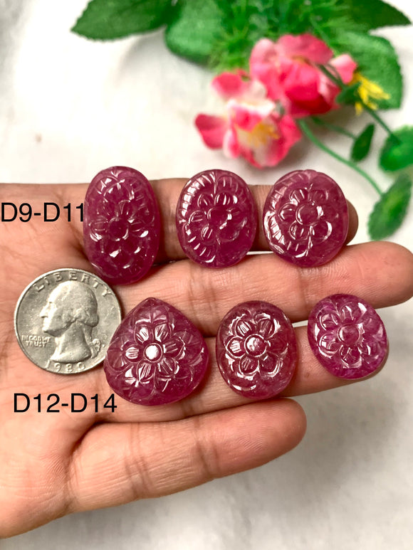 Natural Ruby Carving Cabs - Code D9- D14   - AAA Quality - Glass Filled Ruby Carving Stone - Flat Back Cabochons