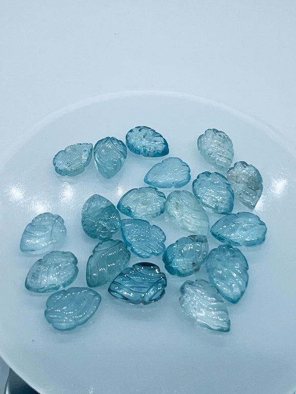 Aquamarine  Carving Leaf Shape •  10X13-15 MM Sizes AAA Quality • Natural Aquamarine • Medium Blue Aquamarine  Carving pear