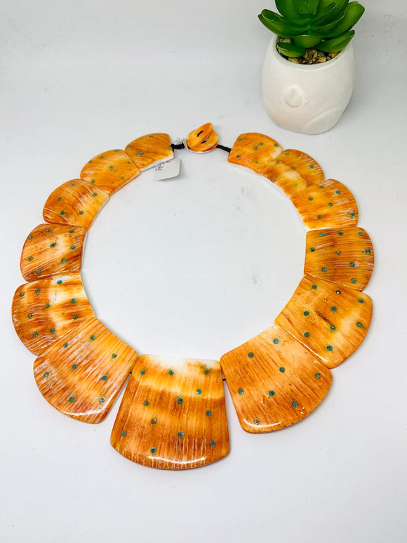 Spiny Oyster Shell Necklace With Turquoise   • 28 -53  mm Size •  AAA Quality • Natural Shell • Natural TQ • Shell Necklace • Orange Color