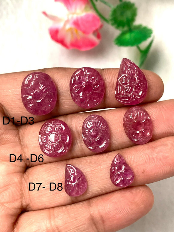 Natural Ruby Carving Cabs - Code D1- D8   - AAA Quality - Glass Filled Ruby Carving Stone - Flat Back Cabochons