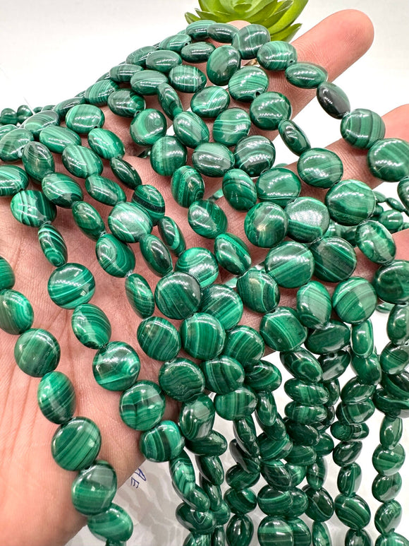 Malachite Coin Beads • 10 mm Size • Length  40 cm - AAA Quality • Natural Malachite Beads