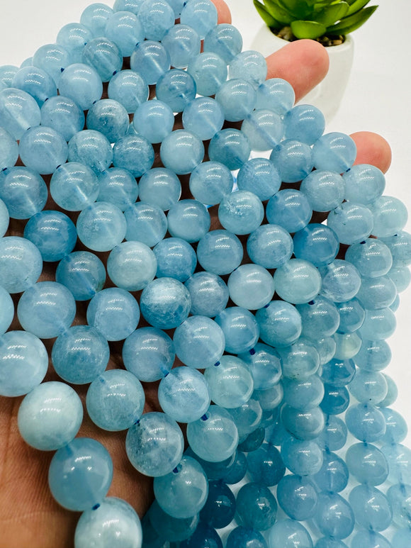 Aquamarine Round Beads - 10 mm Size - AAA Quality - Length 40 cm- Code #A7