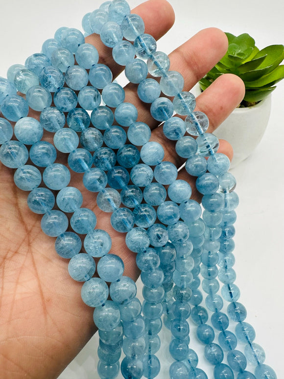 Aquamarine Round Beads - 8 mm Size - AA Quality - Length 40 cm- Code #A10