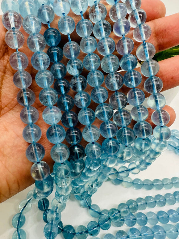 Aquamarine Round Beads - 8 mm Size - 5A Quality - Length 40 cm- Code #A2