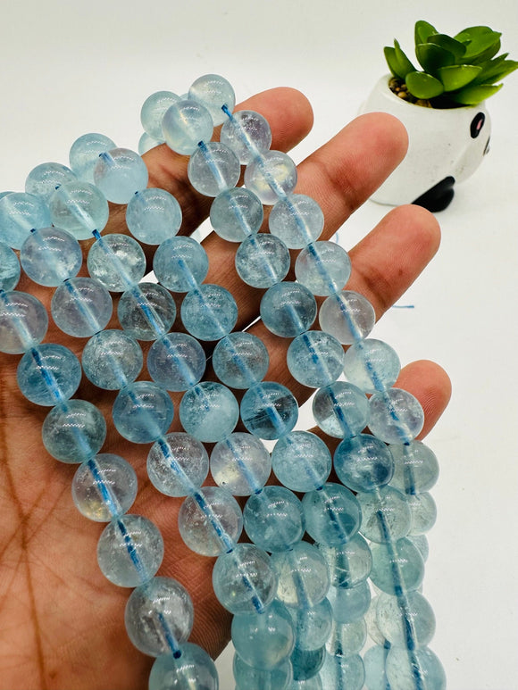 Aquamarine Round Beads - 10 mm Size - AAA Quality - Length 40 cm- Code #T1