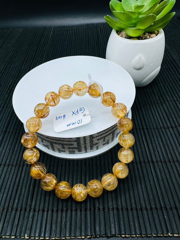 Golden Rutile Round Bracelet • 10 mm Size • Code G8 • 4A Quality • Natural Rutilated Quartz Bracelet