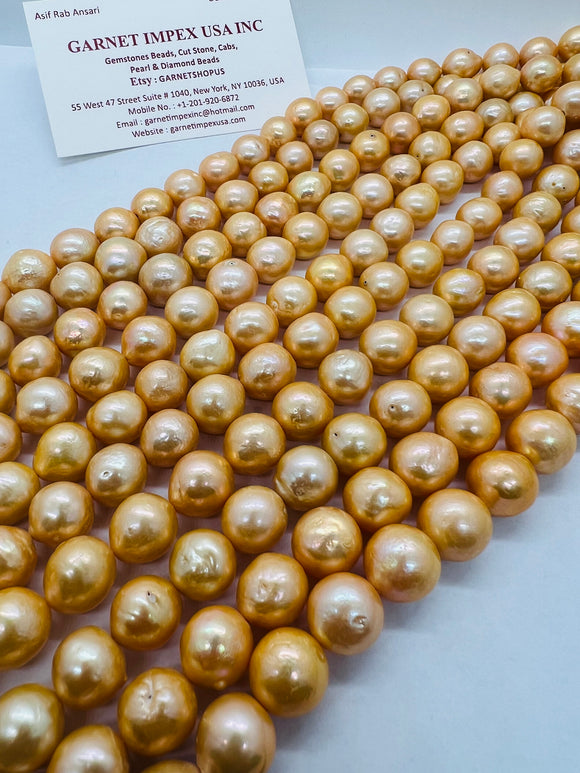 Golden Freshwater Pearl Round 10-13 mm ,cultured freshwater pearl  - Golden Color AAA Quality 40cm Length, dyed pearl