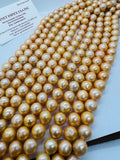 Golden Freshwater Pearl Round 10-13 mm ,cultured freshwater pearl - Golden Color AAA Quality 40cm Length, dyed pearl