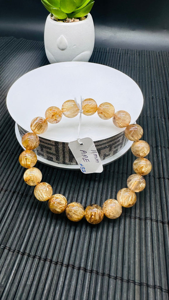 Golden Rutile Round Bracelet • 11 mm Size • Code B2 • 4A Quality • Natural Rutilated Quartz Bracelet