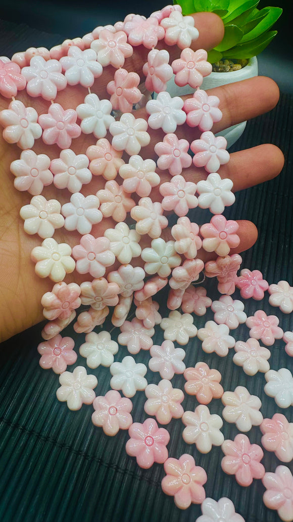 Queen Conch Shell 6 Petal Flower Double Side Carving Beads • 15 mm Size • Length 40 cm • AAA Quality • Natural Pink Queen Conch