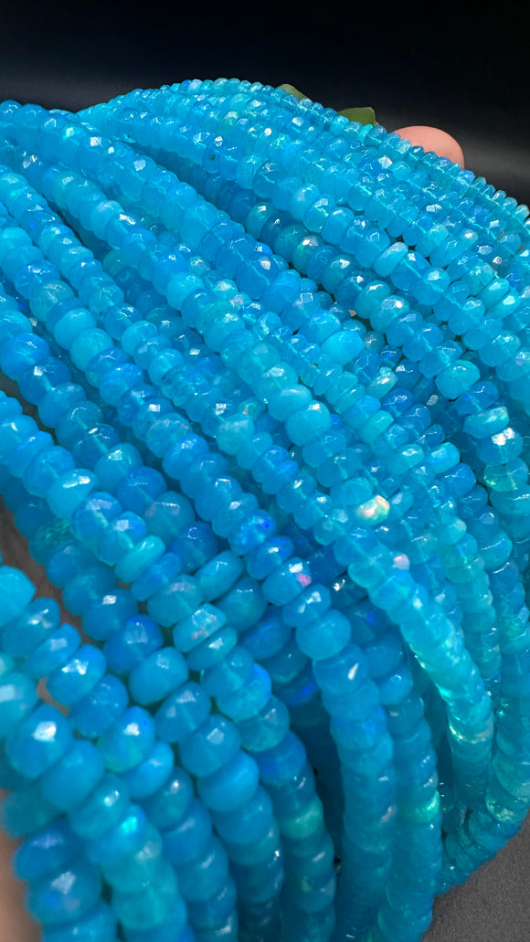 Blue Opal Faceted Roundel Beads - 16 Inch Strand- AAA Quality - Ethiopian opal Beads- Coated Color Beads