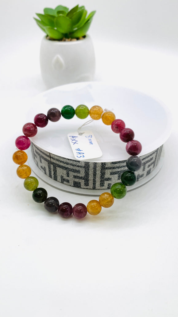 Tourmaline Bracelet 8 mm Size - Code#A3 - 4A Quality  Natural Multi Tourmaline Round Bracelet - Length 7.5