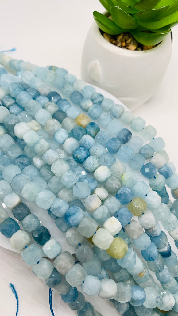 Aquamarine Faceted Cube Beads - 7 mm Size -  Length 40 cm - Natural Aquamarine Box Beads