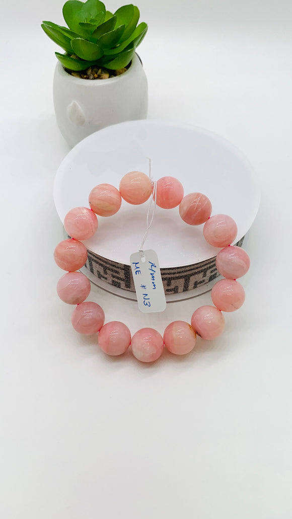 Pink Opal Bracelet - 14 mm Size  - Code N3 - AAA Quality - Length 7.5 Inch- Natural Pink Opal Bracelet- Dark Color