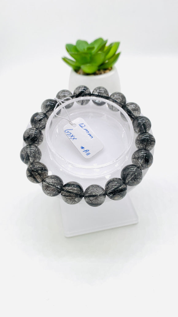 Black Rutile Bracelet • 12 mm Size • Code #A11 • AAAA Quality • 7.5 Inch Length • Natural Rutilated Quartz  • Rutile Bracelet