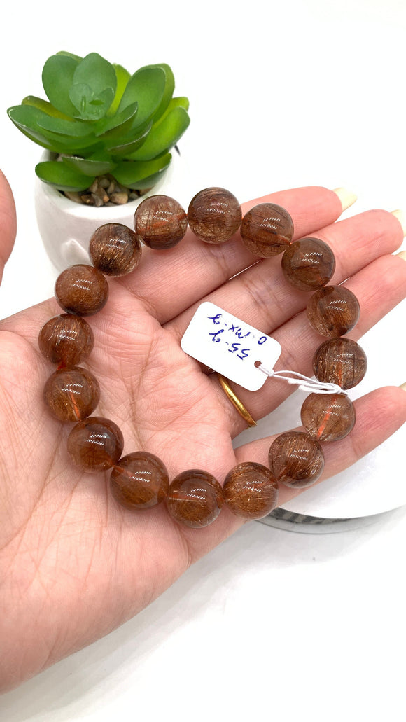 Copper Rutile Round Bracelet • 13.50 mm Size • Code N4 • AAA Quality • Natural Rutilated Quartz Bracelet •  Length 7.5 