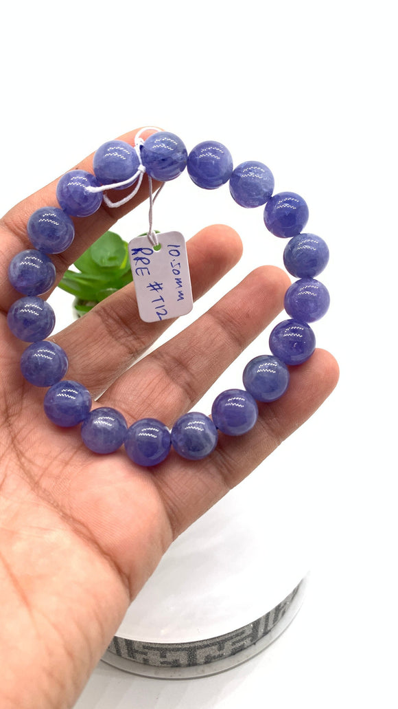 Tanzanite Bracelet - 10.50 mm Size - Code #T12 -  7.5 Inch Length - 4A Quality  - Natural Tanzanite Round Beaded Bracelet