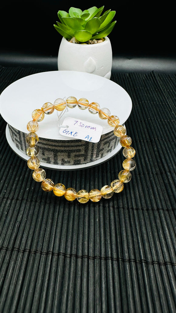 Golden Rutile Round Bracelet • 7.50 mm Size • Code A1 • 4A Quality • Natural Rutilated Quartz Bracelet