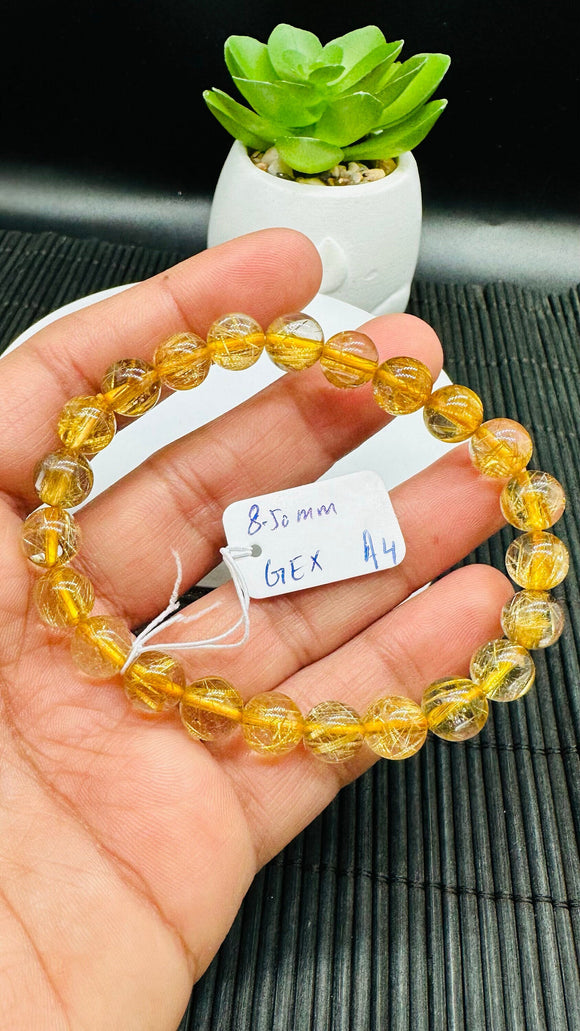 Golden Rutile Round Bracelet • 8.50 mm Size • Code A4 • 4A Quality • Natural Rutilated Quartz Bracelet