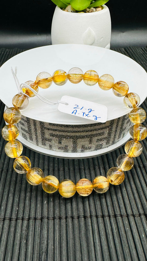 Golden Rutile Round Bracelet • 8.50 mm Size • Code A5 • 4A Quality • Natural Rutilated Quartz Bracelet