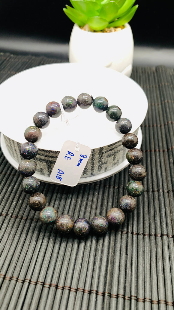 Black Opal Bracelet• 8mm  mm Size • Code A18 •  Natural Opal Round Bracelet •7.5” Length • AAA Quality