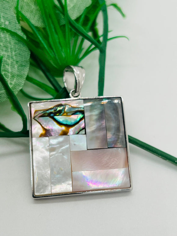 Mother of pearl Silver pendant, mosaic of white MOP, pink Mop, black mop and Abalone shell, genuine 925 silver pendant.