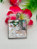 Mother of pearl Silver pendant, mosaic of white MOP, pink Mop, black mop and Abalone shell, genuine 925 silver pendant.