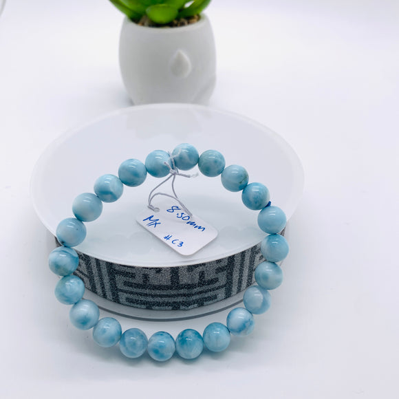 Larimar Bracelet 8.50 mm size Code# C3 • AAA Quality • Natural Larimar Round Bracelet- Length 7.50 Inch