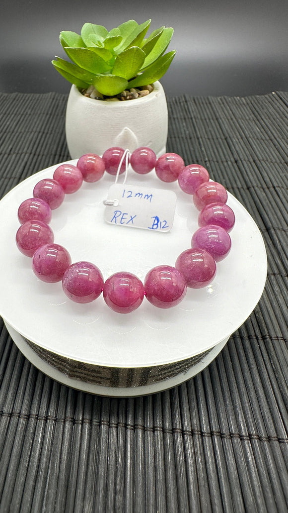 Ruby Round Bracelet • 12 mm Size • Code B12 • 7.5  Inch Length • AAA Quality • Natural Ruby Bracelet
