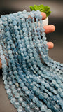 Aquamarine Coin Beads • 8 mm size • AAA Quality • 40 cm Length• Blue Color • Natural Aquamarine Beads
