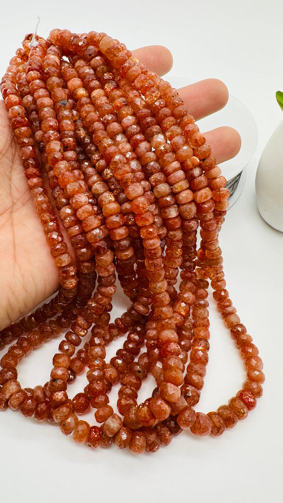 Sunstone Faceted Roundel Beads • 6.5 to 8 mm Size •  16 Inch Length •  AAA Quality - Natural Sunstone Rondelle Beads