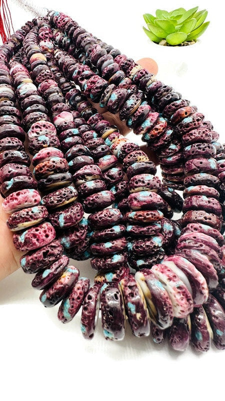 Purple Spiny Oyster Shell Roundel Beads • 8-20 mm Size • 40 cm length • AAA Quality • Spiny oyster with Turquoise Beads•