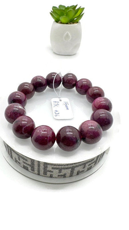 Ruby Bracelet • 15 mm Size • Code D6 • 7.5  Inch Length • AAA Quality • Natural Ruby Round Bracelet