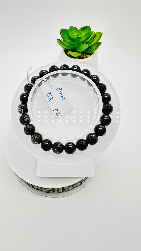 Black Rutile Bracelet • 8 mm Size • Code #C2 • AAAA Quality • 7.5 Inch Length • Natural Rutilated Quartz  • Rutile Round Bracelet