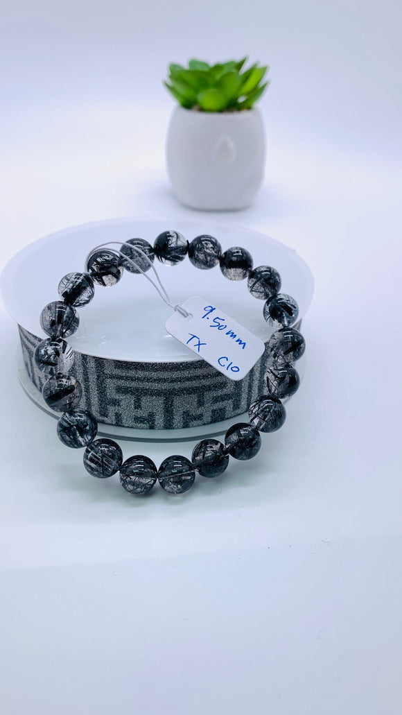 Black Rutile Bracelet • 9.50 mm Size • Code #C10 • AAAA Quality • 7.5 Inch Length • Natural Rutilated Quartz  • Rutile Round Bracelet