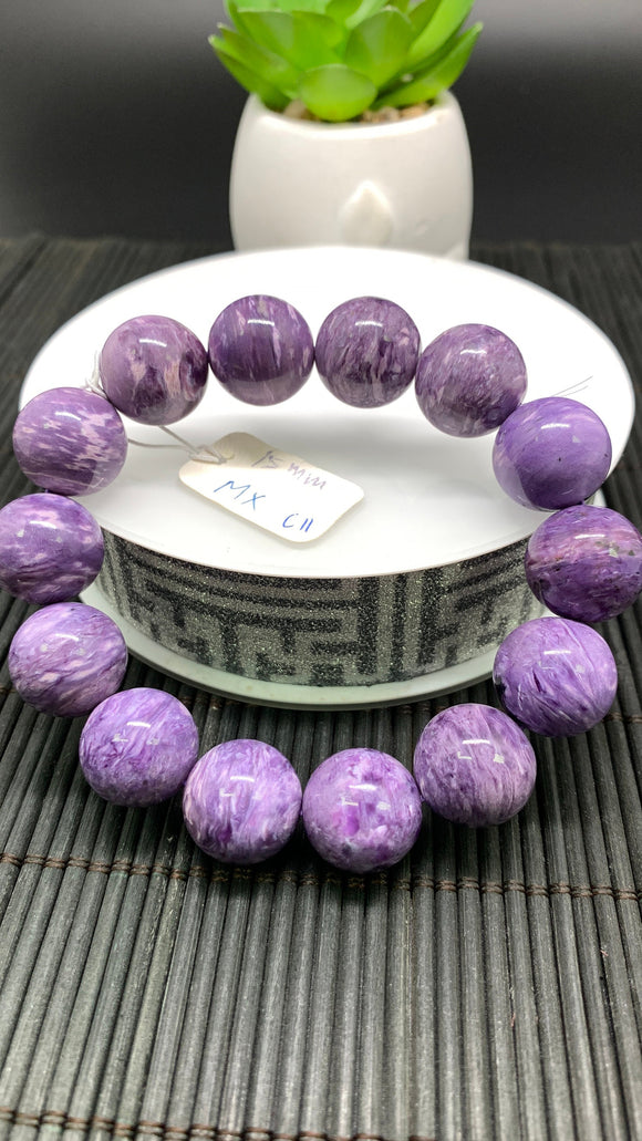 Charoite Bracelet• 15 mm size • Code C11  • AAA Quality • Length 7.5 Inch • Natural Charoite Round Bracelet • Charoite Jewelry