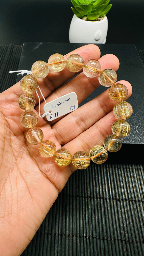 Golden Rutile Round Bracelet • 11.50 mm Size • Code C2 • 4A Quality • Natural Rutilated Quartz Bracelet