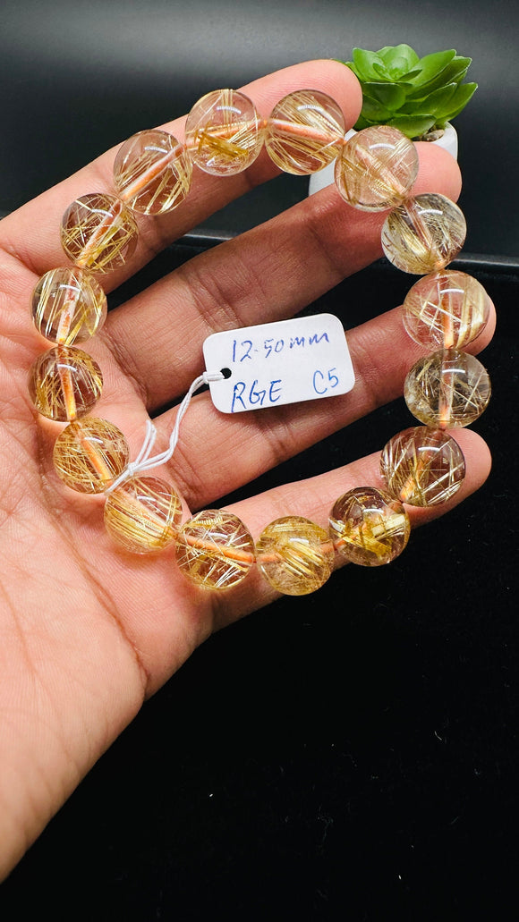 Golden Rutile Round Bracelet • 12.50 mm Size • Code C5 • 4A Quality • Natural Rutilated Quartz Bracelet