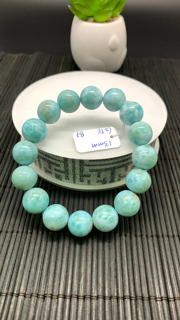 Larimar Bracelet 13 mm size Code# B7 • AAA Quality • Natural Larimar Round Bracelet- Length 7.50 Inch