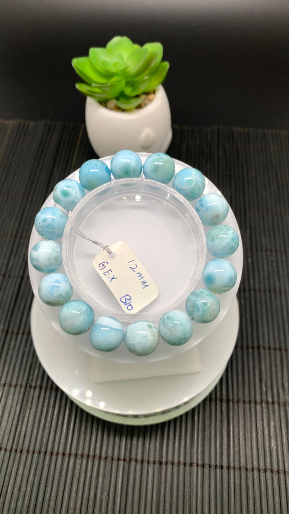 Larimar Bracelet 12 mm size Code# B10 • AAA Quality • Natural Larimar Round Bracelet- Length 7.50 Inch