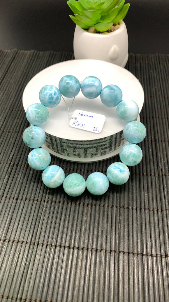 Larimar Bracelet 16 mm size Code# B1 • AAA Quality • Natural Larimar Round Bracelet- Length 7.50 Inch