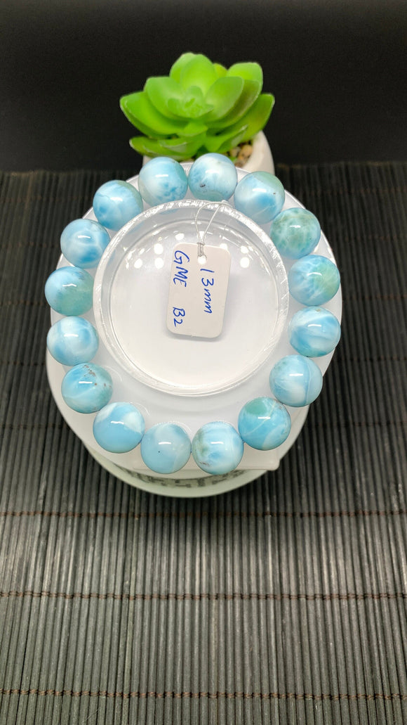 Larimar Bracelet 13 mm size Code# B2 • AAA Quality • Natural Larimar Round Bracelet- Length 7.50 Inch